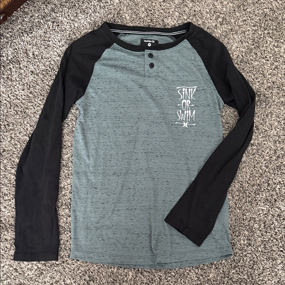 Hurley Teal and Black Raglan Henley with 'Sink or Swim' Graphic